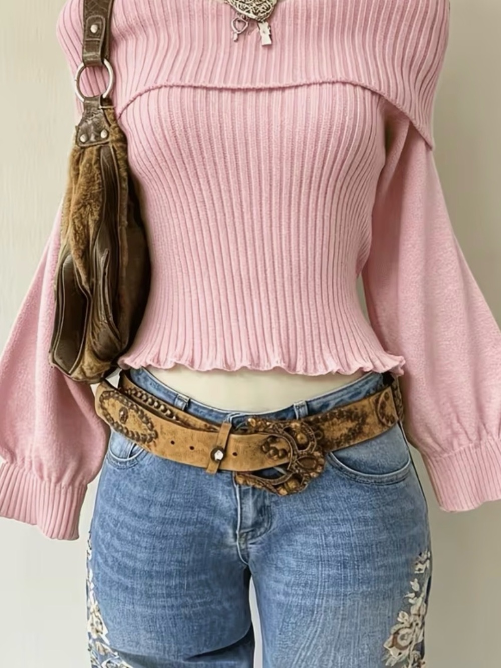 Ribbed Off-Shoulder Crop Sweater in Soft Pink